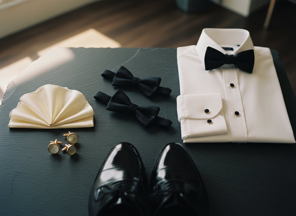 Flat lay of bow ties, cufflinks, a pocket square and patent dress shoes.