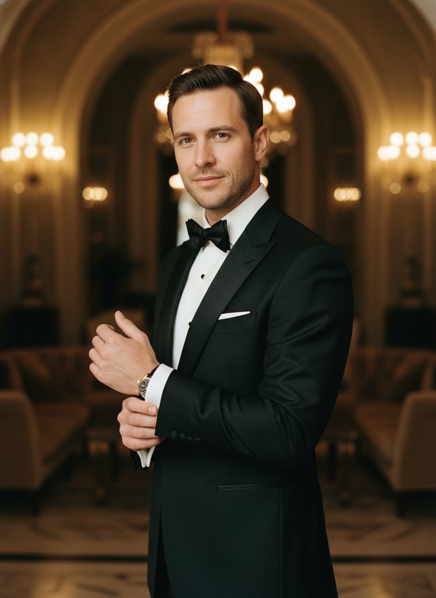 A gentleman in a tailored classic black tuxedo with a silk bow tie.