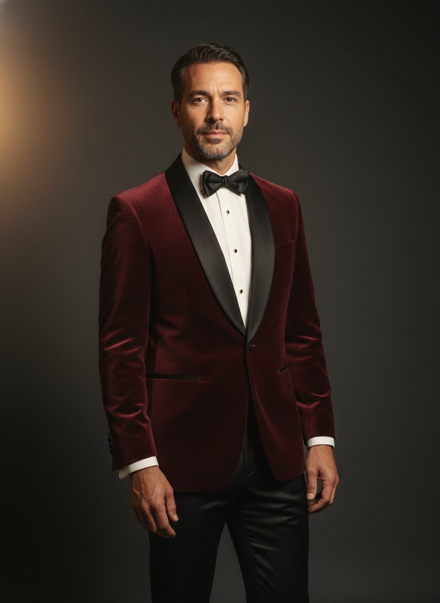 Burgundy velvet dinner jacket.