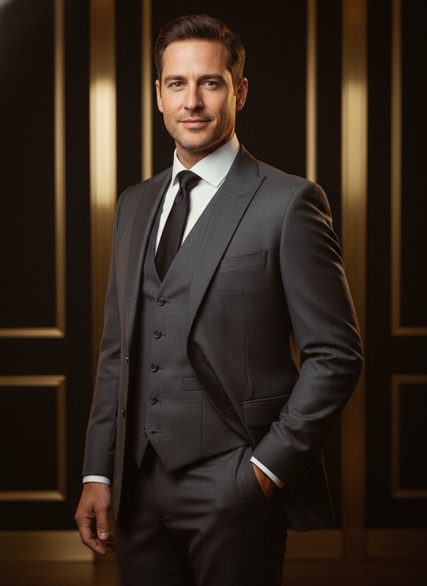 Charcoal three-piece suit.