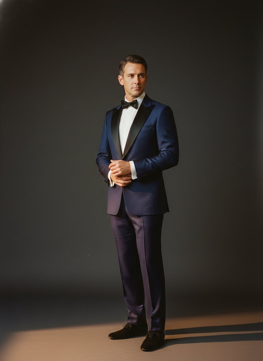 Midnight blue tuxedo with satin peak lapels.