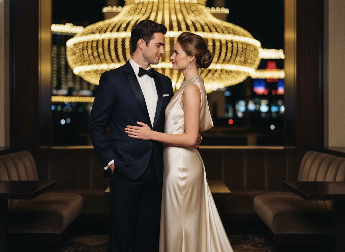 An elegantly dressed couple in formalwear on a Las Vegas evening.