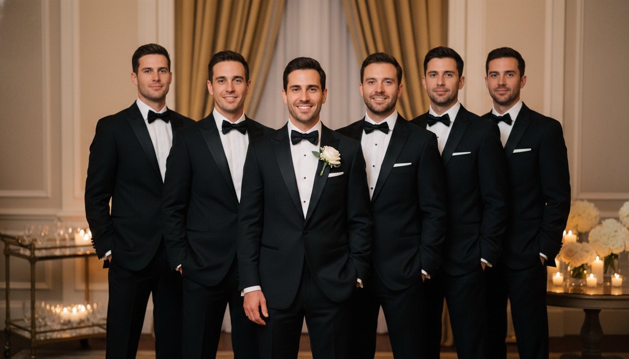 A groom and his groomsmen in coordinated black tuxedos.